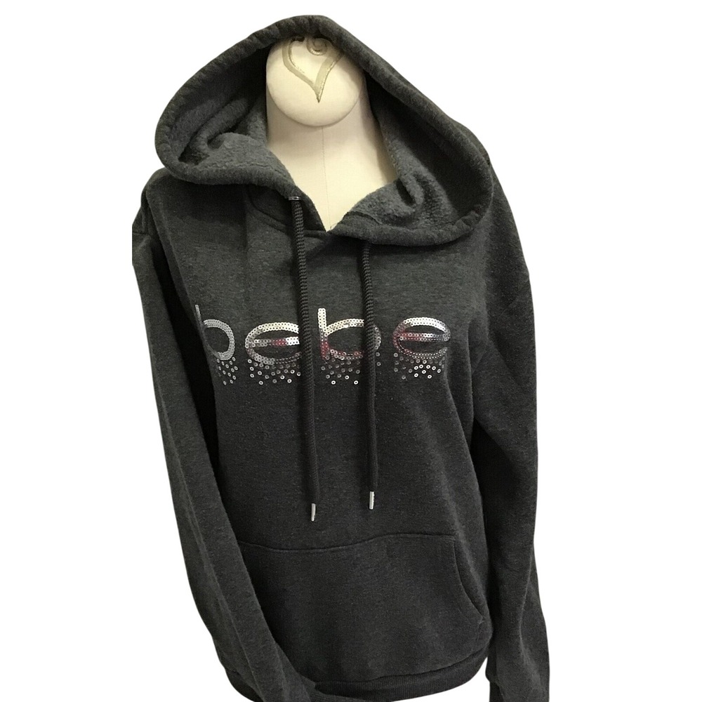 Bebe Womens Hoodie Charcoal‎ Gray Sequin Logo Pullover Sweatshirt Size S Small